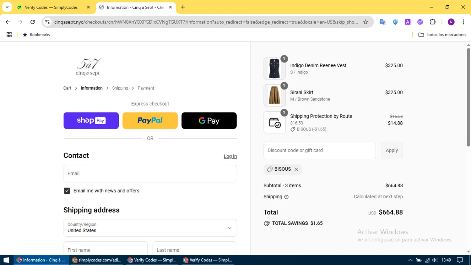 Cinq à Sept promo code screenshot showing code BISOUS applied at Cinq à Sept checkout page. Uploaded by SimplyCodes community member CleverCurator2158 on Jul 12, 2025