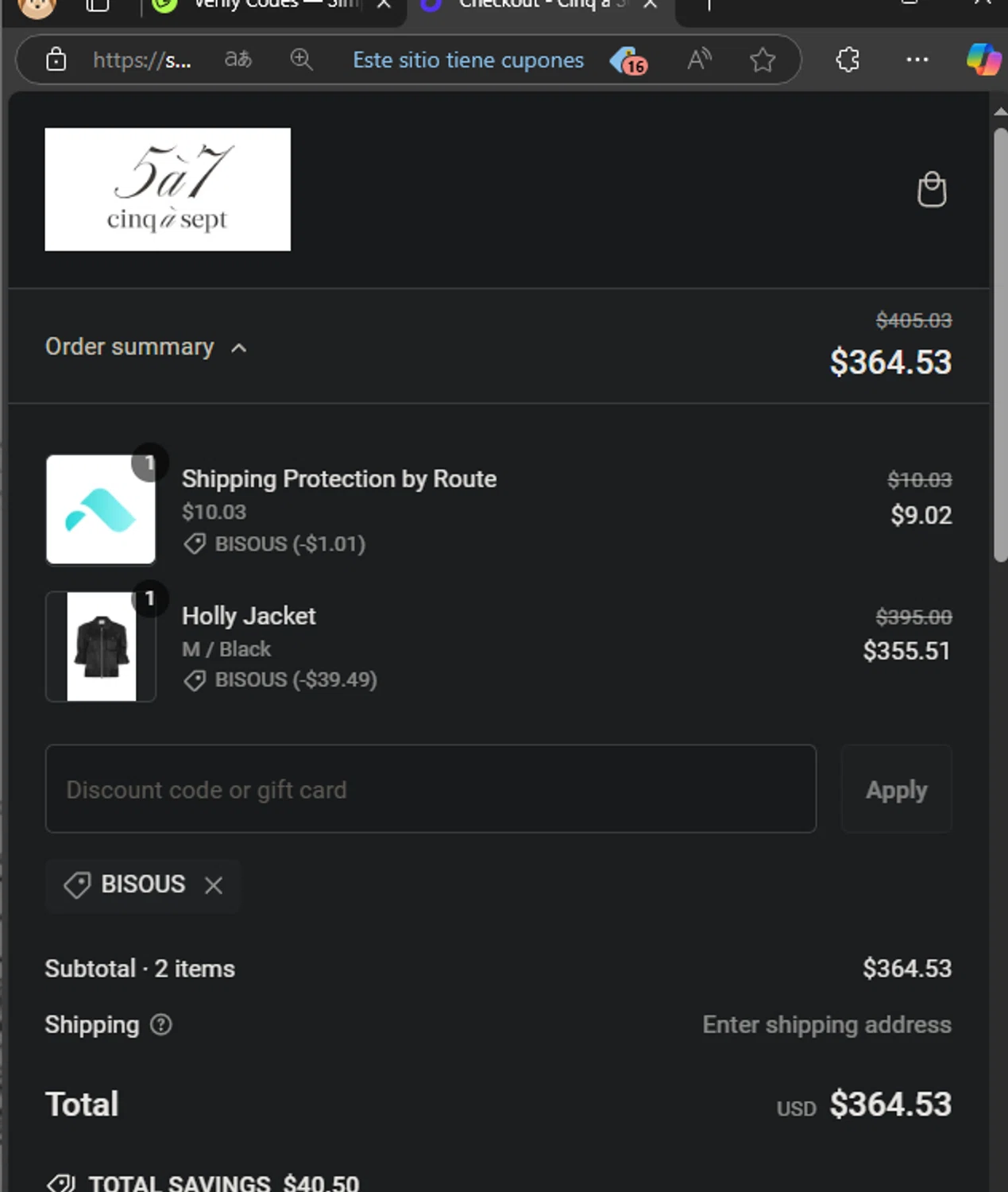Cinq à Sept promo code screenshot showing code BISOUS applied at Cinq à Sept checkout page. Uploaded by SimplyCodes community member PedroNavaja on Feb 20, 2025