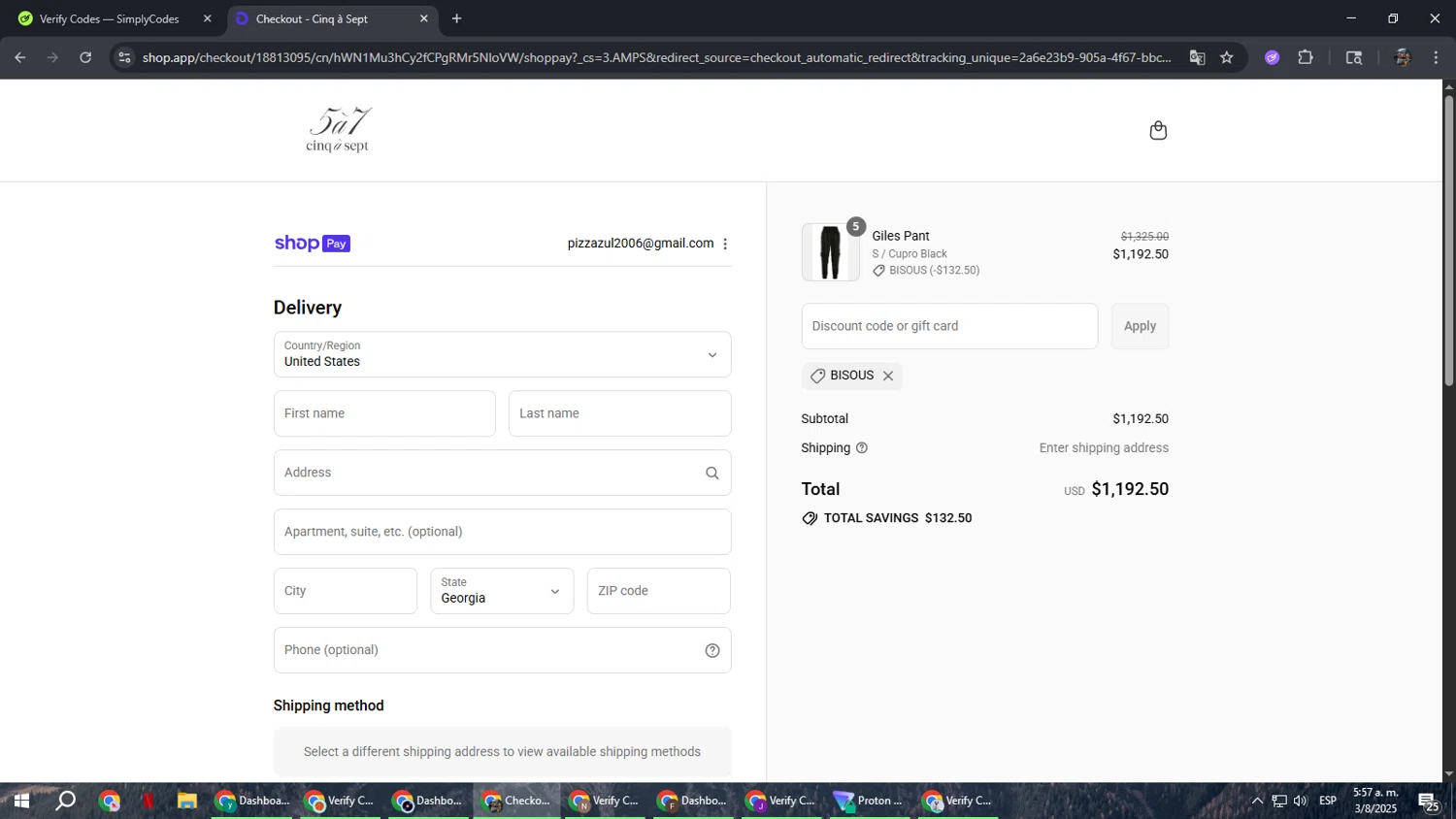 Cinq à Sept promo code screenshot showing code BISOUS applied at Cinq à Sept checkout page. Uploaded by SimplyCodes community member xxdddd on Aug 3, 2025