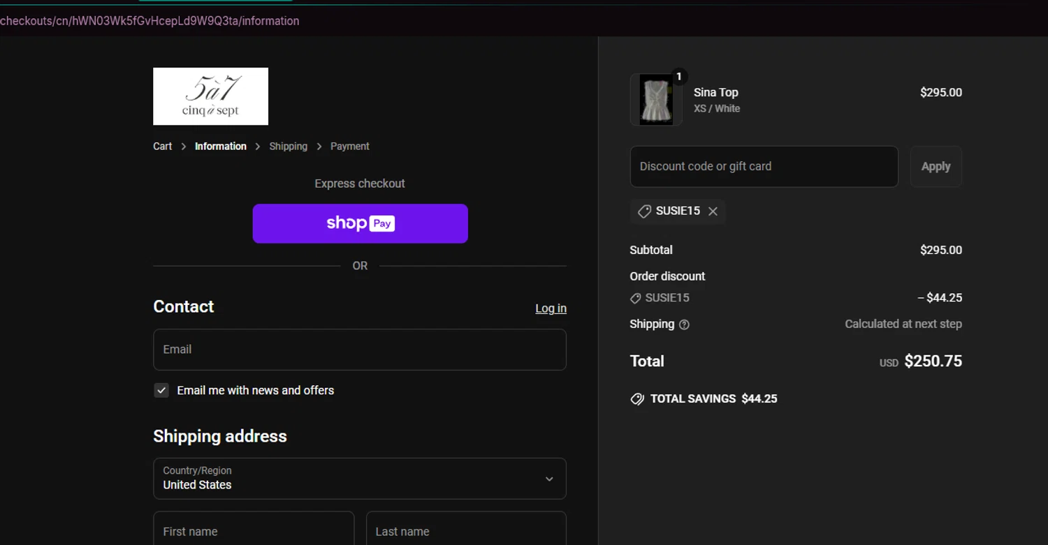 Cinq à Sept promo code screenshot showing code SUSIE15 applied at Cinq à Sept checkout page. Uploaded by SimplyCodes community member chepipi on Jun 29, 2025