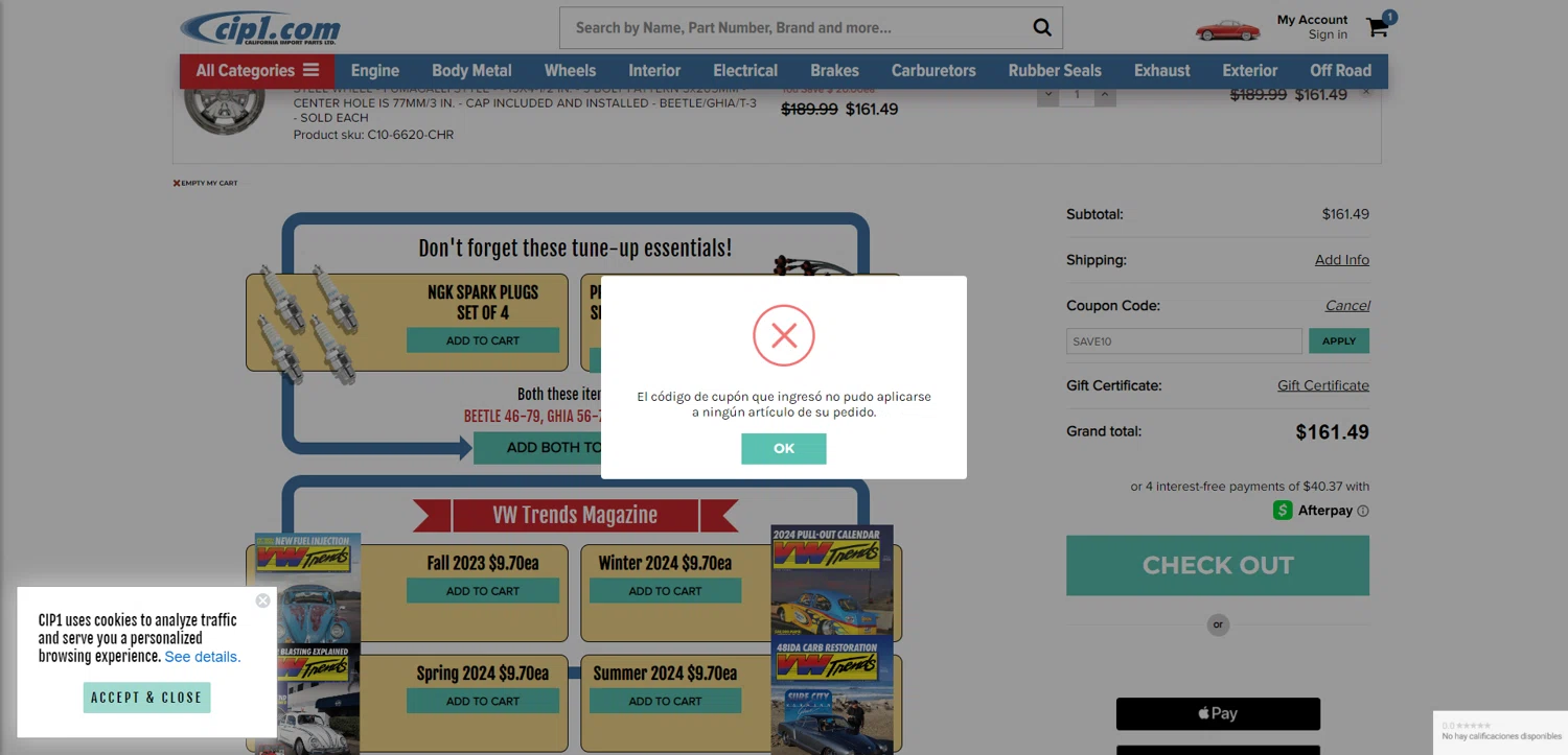 Cip1.com coupon code screenshot showing code SAVE10 applied at Cip1.com checkout page. Uploaded by SimplyCodes community member DiscountWarden480 on Jul 22, 2025