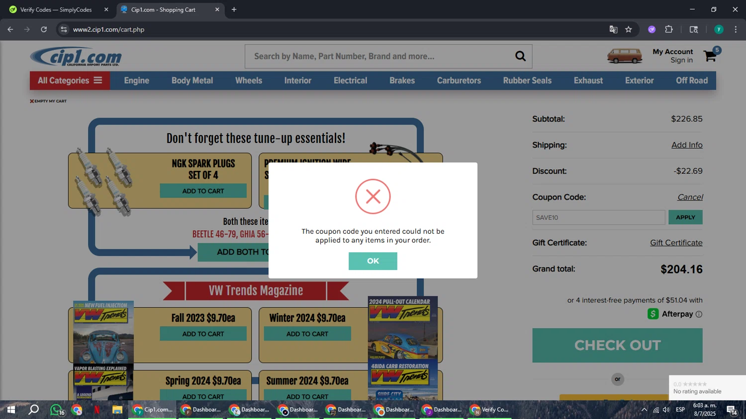 Cip1.com checkout page showing Cip1.com coupon code box | Screenshot taken by SimplyCodes community member on Jul 8, 2025