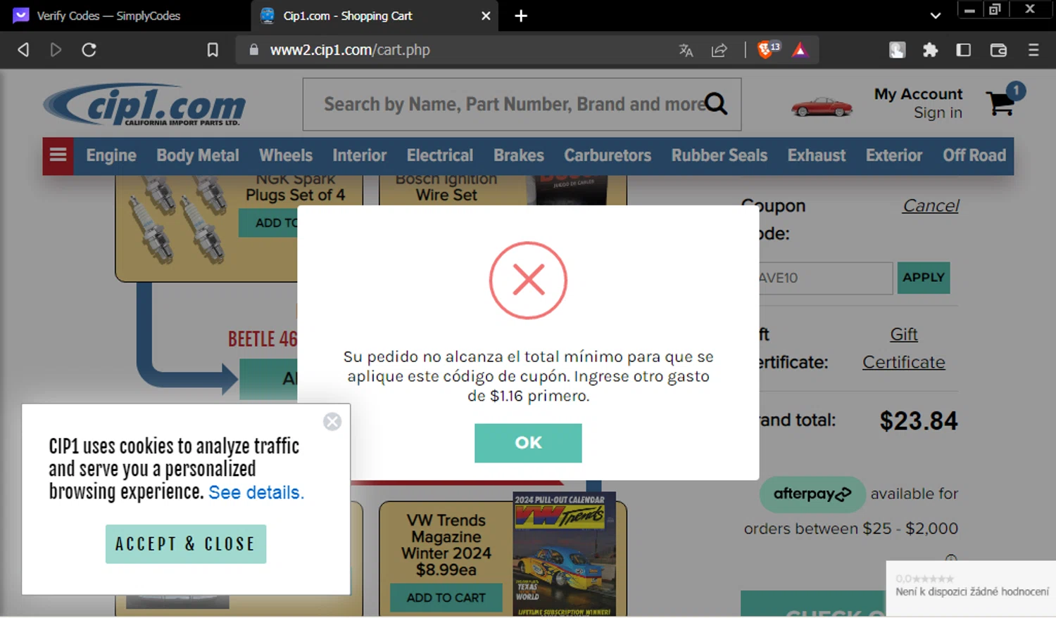 Cip1.com checkout page showing Cip1.com coupon code box | Screenshot taken by SimplyCodes community member on Mar 7, 2024