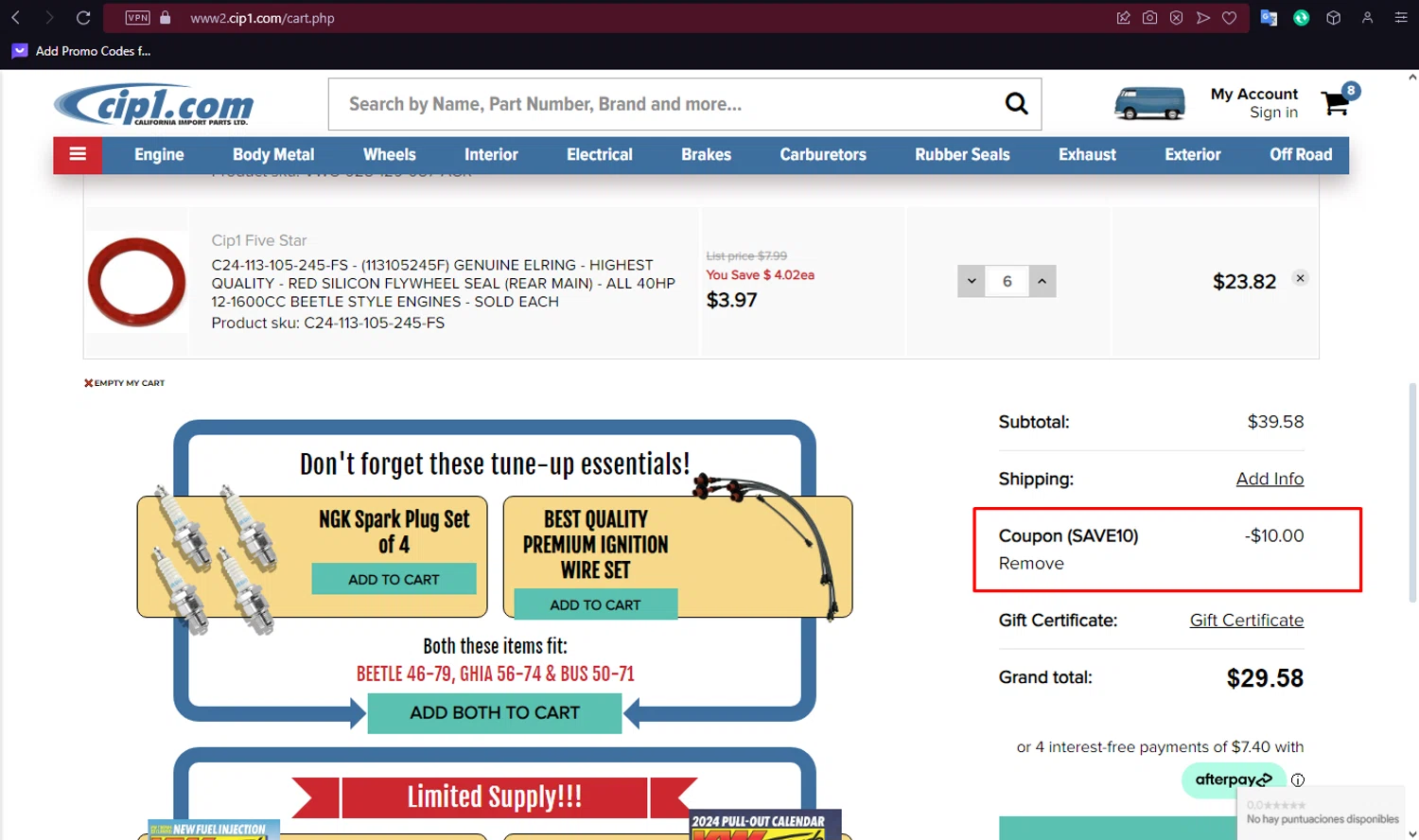 Cip1.com checkout page showing Cip1.com coupon code box | Screenshot taken by SimplyCodes community member on Jun 15, 2024