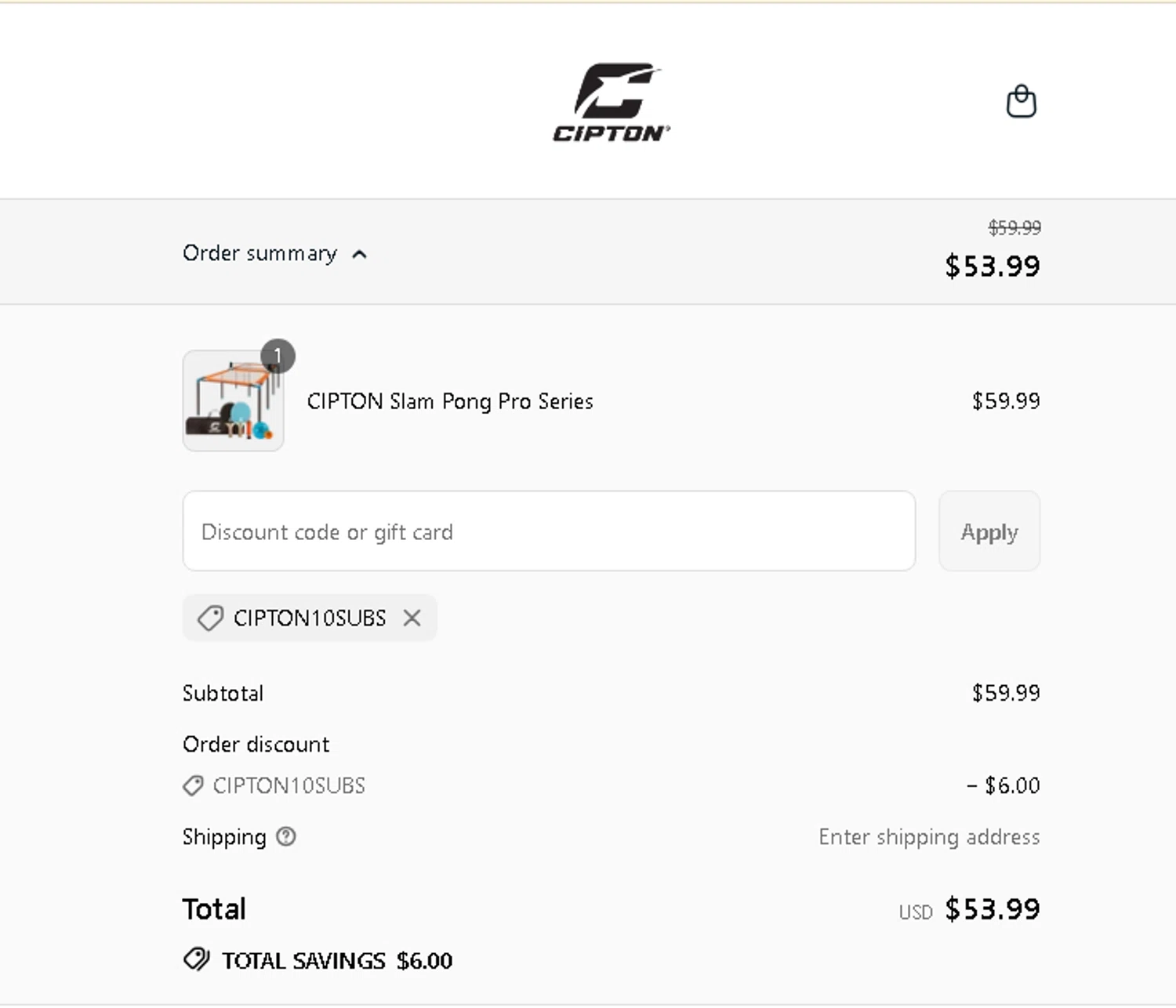 Cipton promo code screenshot showing code CIPTON10SUBS applied at Cipton checkout page. Uploaded by SimplyCodes community member AMANDA2681 on Jul 5, 2025