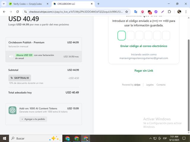 Circleboom checkout page showing Circleboom promo code box | Screenshot taken by SimplyCodes community member on Sep 12, 2025
