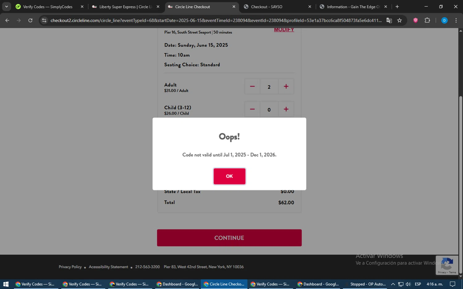 Circle-Line promo code screenshot showing code NYCMAP applied at Circle-Line checkout page. Uploaded by SimplyCodes community member LegendaryWarden2503 on Jun 15, 2025