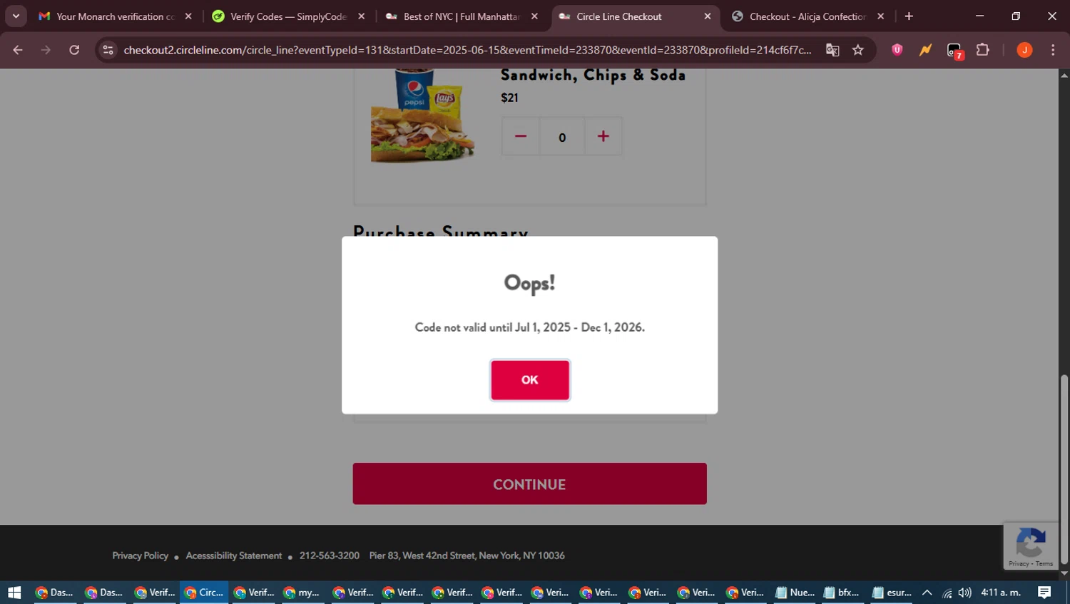 Circle-Line promo code screenshot showing code NYCMAP applied at Circle-Line checkout page. Uploaded by SimplyCodes community member NobleAce2304 on Jun 15, 2025