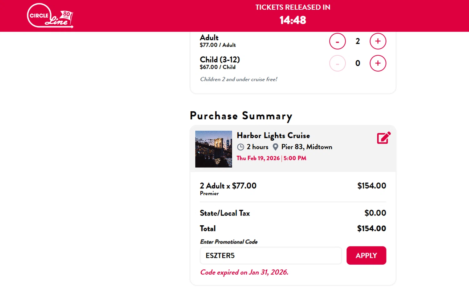 Circle-Line promo code screenshot showing code ESZTER5 applied at Circle-Line checkout page. Uploaded by SimplyCodes community member JasnibelEgu on Feb 19, 2026