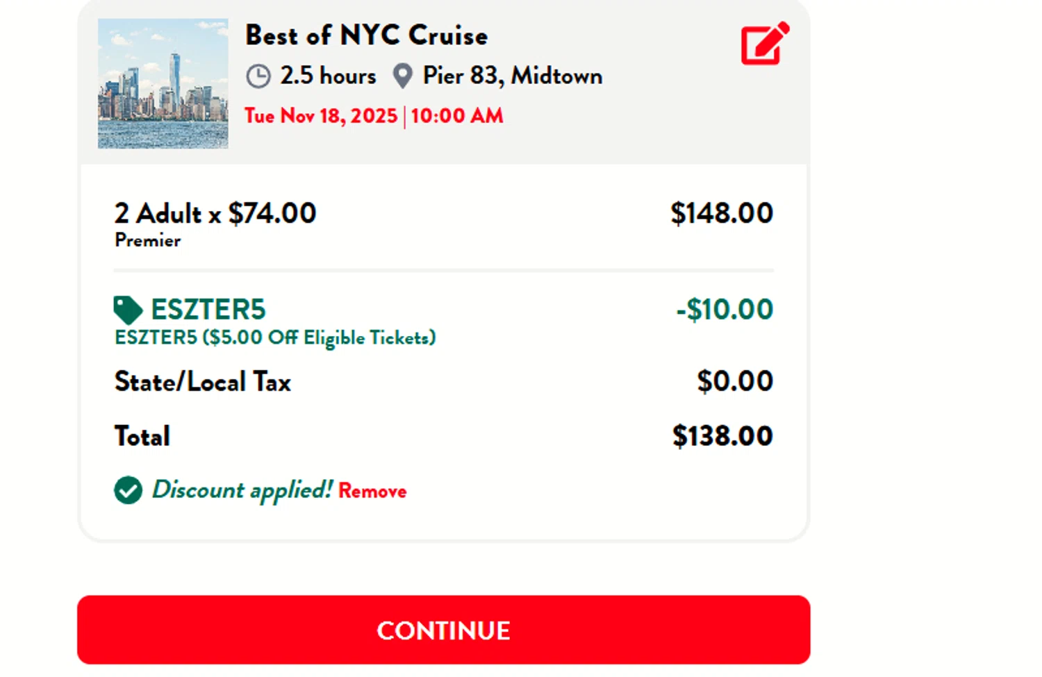 Circle-Line promo code screenshot showing code ESZTER5 applied at Circle-Line checkout page. Uploaded by SimplyCodes community member a2d2c2d211 on Nov 18, 2025