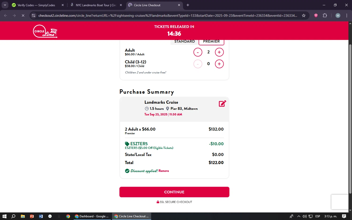 Circle-Line promo code screenshot showing code ESZTER5 applied at Circle-Line checkout page. Uploaded by SimplyCodes community member maraxo on Sep 22, 2025