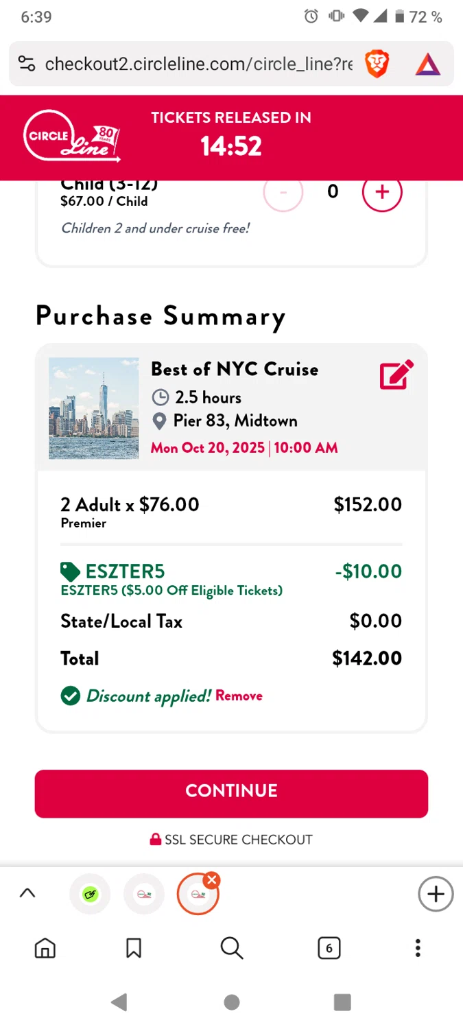 Circle-Line promo code screenshot showing code ESZTER5 applied at Circle-Line checkout page. Uploaded by SimplyCodes community member victor on Oct 20, 2025