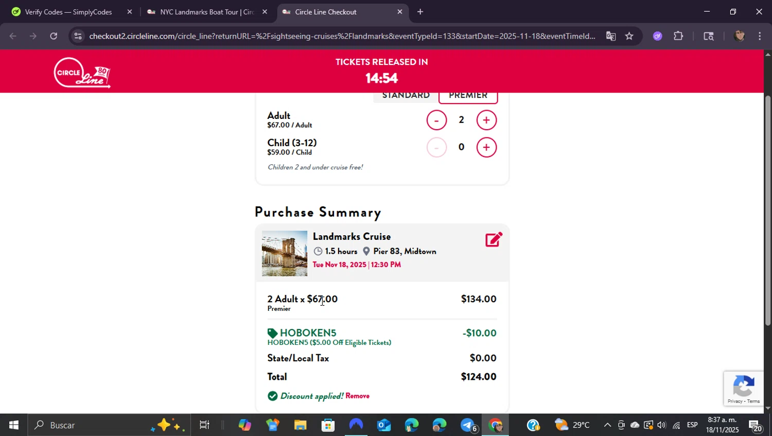 Circle-Line promo code screenshot showing code HOBOKEN5 applied at Circle-Line checkout page. Uploaded by SimplyCodes community member ShieldEagle9436 on Nov 18, 2025