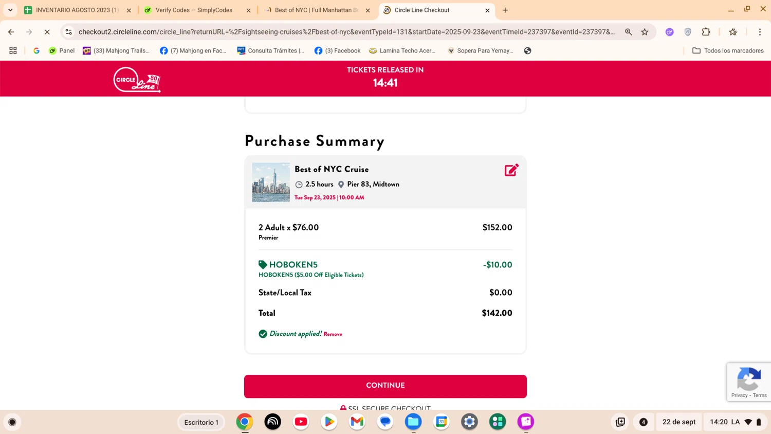 Circle-Line promo code screenshot showing code HOBOKEN5 applied at Circle-Line checkout page. Uploaded by SimplyCodes community member ShrewdExpert7367 on Sep 22, 2025