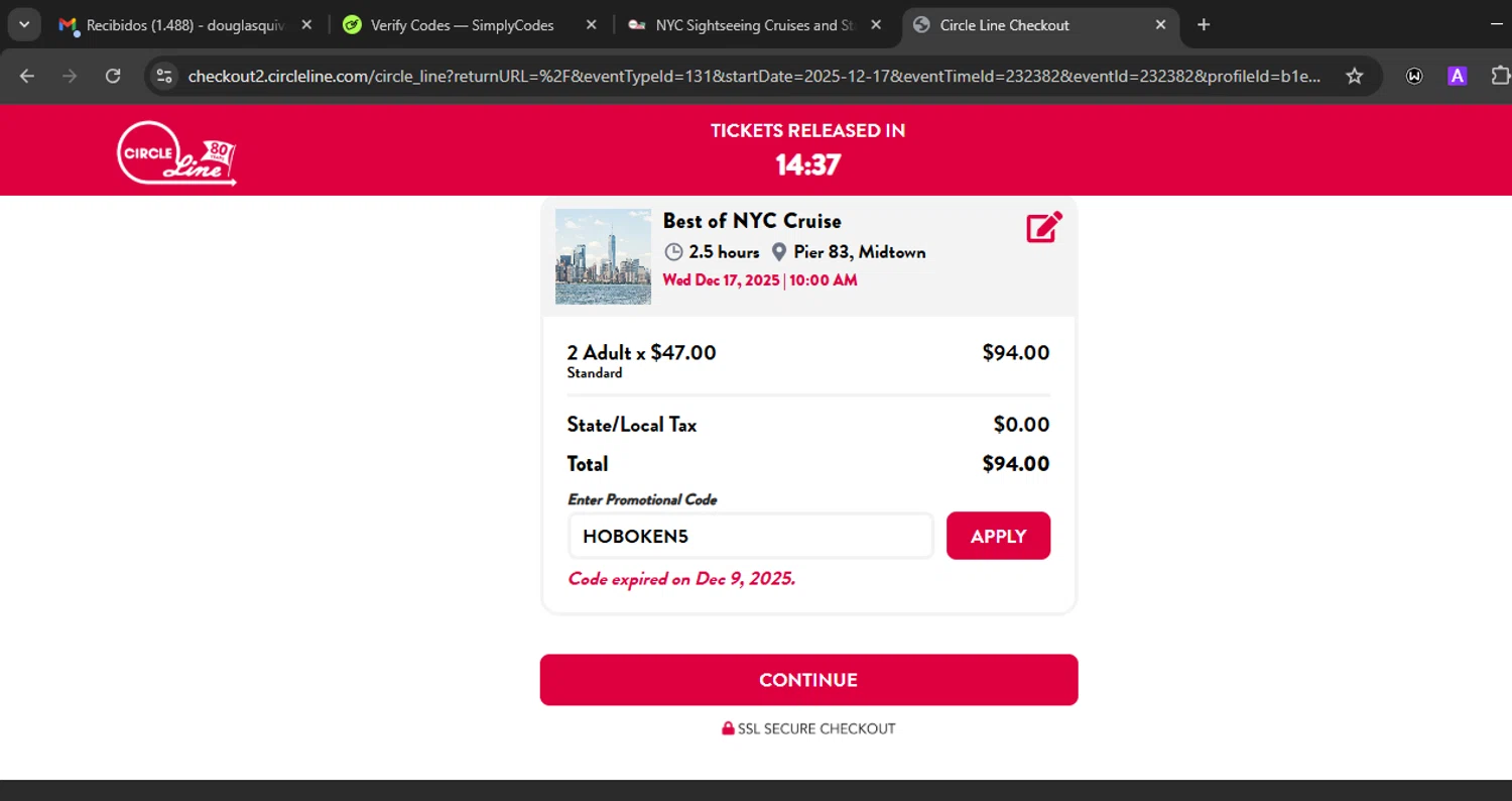 Circle-Line promo code screenshot showing code HOBOKEN5 applied at Circle-Line checkout page. Uploaded by SimplyCodes community member WiseLegend5590 on Dec 17, 2025
