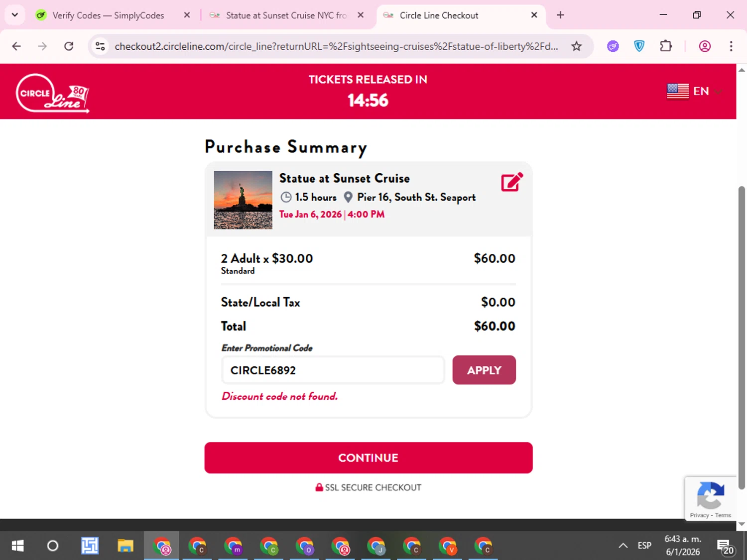 Circle-Line promo code screenshot showing code CIRCLE6892 applied at Circle-Line checkout page. Uploaded by SimplyCodes community member QuestCurator1644 on Jan 6, 2026