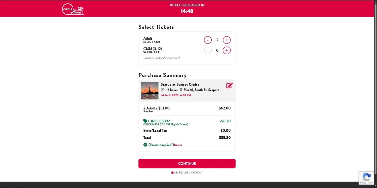 Circle-Line promo code screenshot showing code CIRCLE6892 applied at Circle-Line checkout page. Uploaded by SimplyCodes community member Depressive on Dec 29, 2025