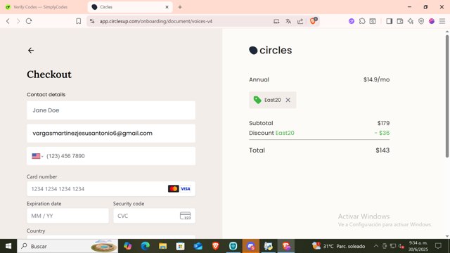 Circles checkout page showing Circles promo code box | Screenshot taken by SimplyCodes community member on Jun 30, 2025