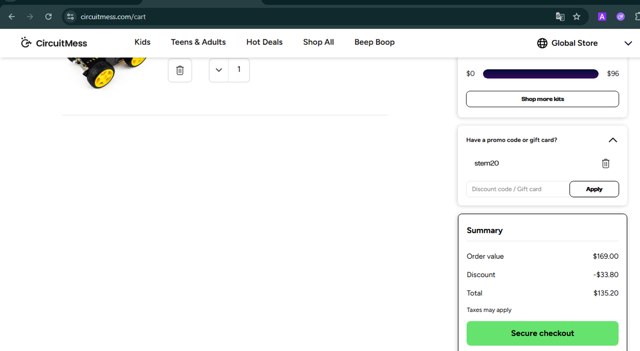 CircuitMess checkout page showing CircuitMess discount code box | Screenshot taken by SimplyCodes community member on Sep 3, 2025
