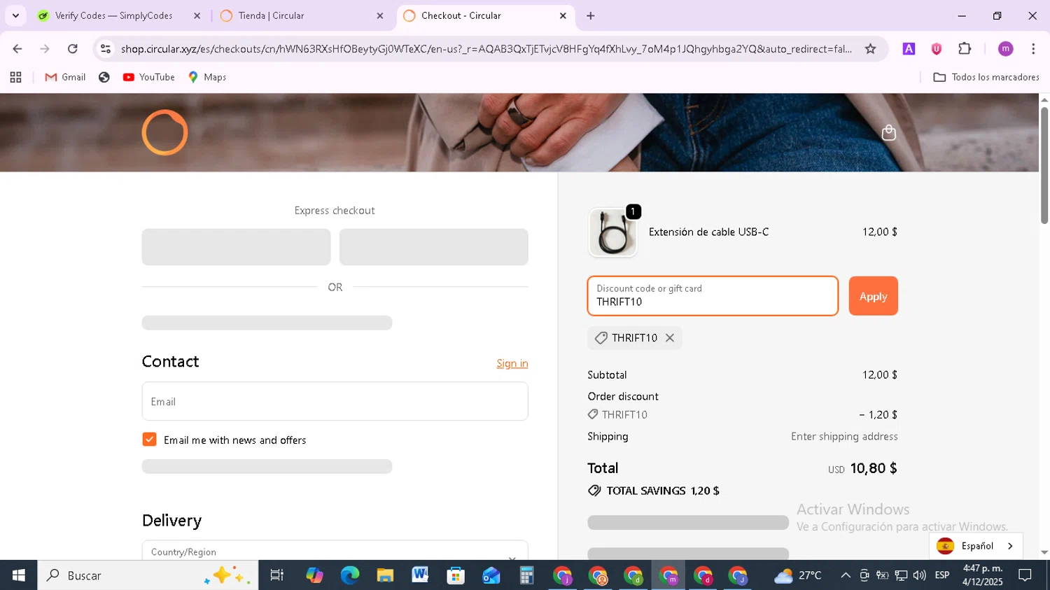 Circular discount code screenshot showing code THRIFT10 applied at Circular checkout page. Uploaded by SimplyCodes community member BudgetMonarch8952 on Dec 4, 2025