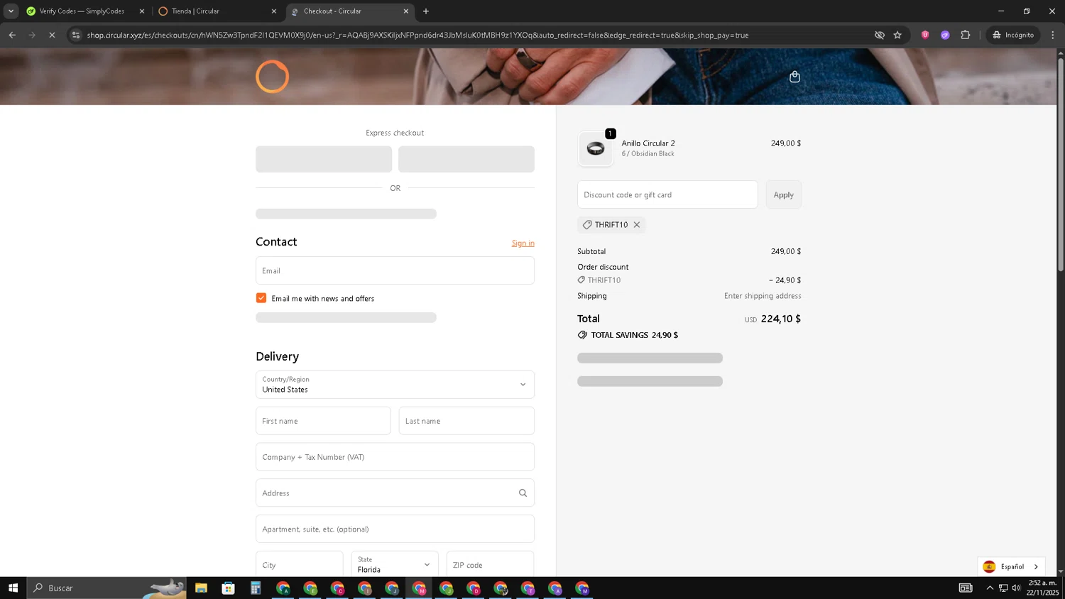 Circular discount code screenshot showing code THRIFT10 applied at Circular checkout page. Uploaded by SimplyCodes community member CBR600 on Nov 22, 2025