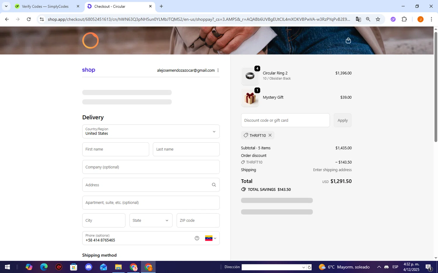 Circular discount code screenshot showing code THRIFT10 applied at Circular checkout page. Uploaded by SimplyCodes community member TheCreature on Dec 4, 2025