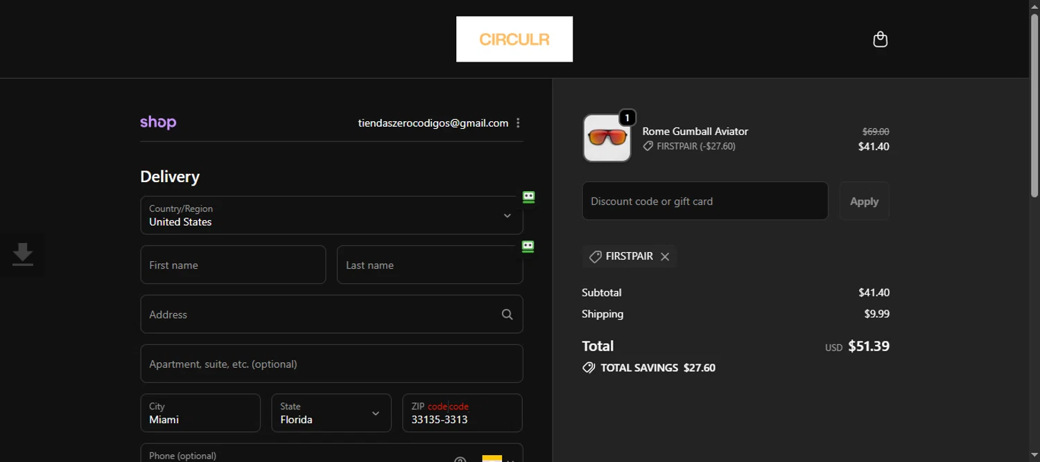 Circulr discount code screenshot showing code FIRSTPAIR applied at Circulr checkout page. Uploaded by SimplyCodes community member 111111 on Oct 5, 2025