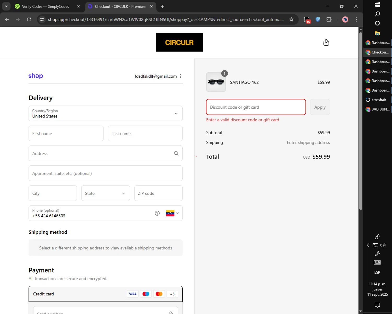 Circulr discount code screenshot showing code FIRSTPAIR applied at Circulr checkout page. Uploaded by SimplyCodes community member Cynoxx on Sep 12, 2025