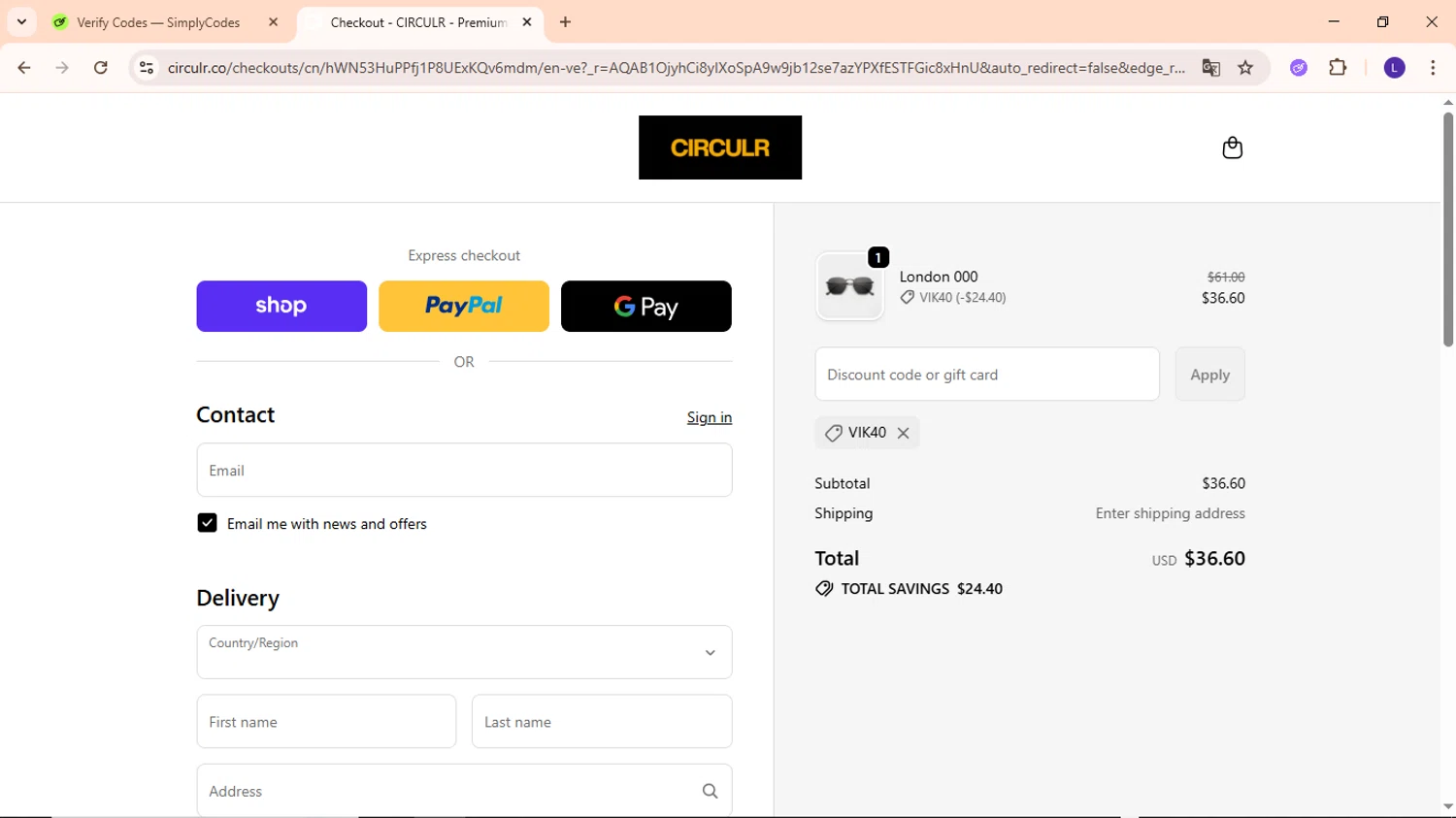 Circulr discount code screenshot showing code Vik40 applied at Circulr checkout page. Uploaded by SimplyCodes community member EpicWarden3081 on Nov 8, 2025