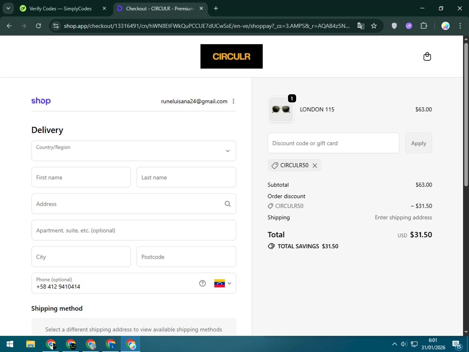 Circulr discount code screenshot showing code CIRCULR50 applied at Circulr checkout page. Uploaded by SimplyCodes community member Estrellitacoairis on Jan 31, 2026
