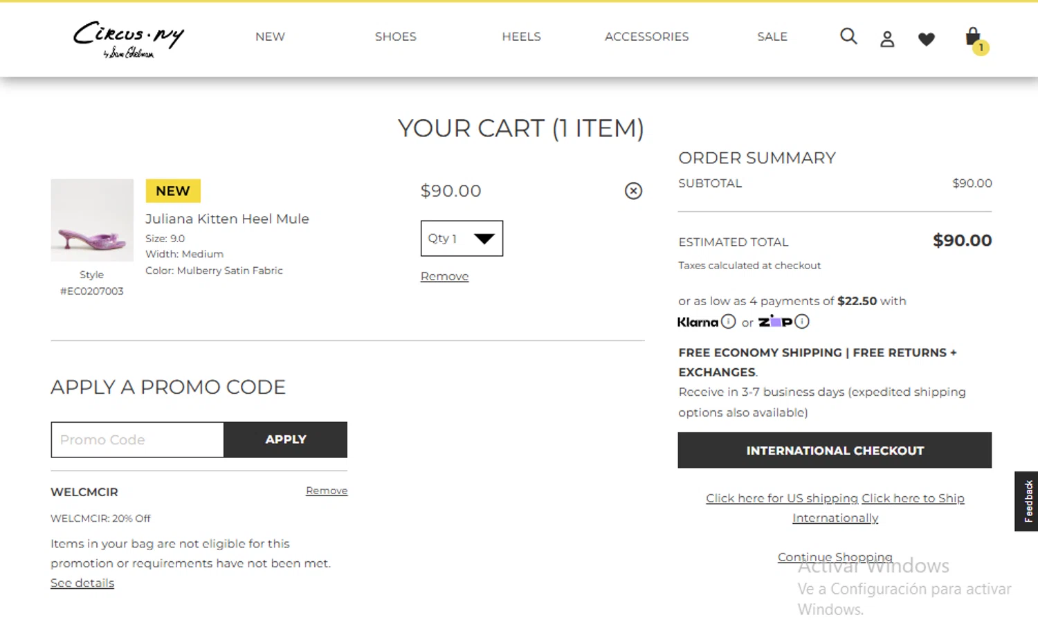 Circus NY promo code screenshot showing code WELCMCIRBSICKCPE applied at Circus NY checkout page. Uploaded by SimplyCodes community member toti2222 on Mar 14, 2025