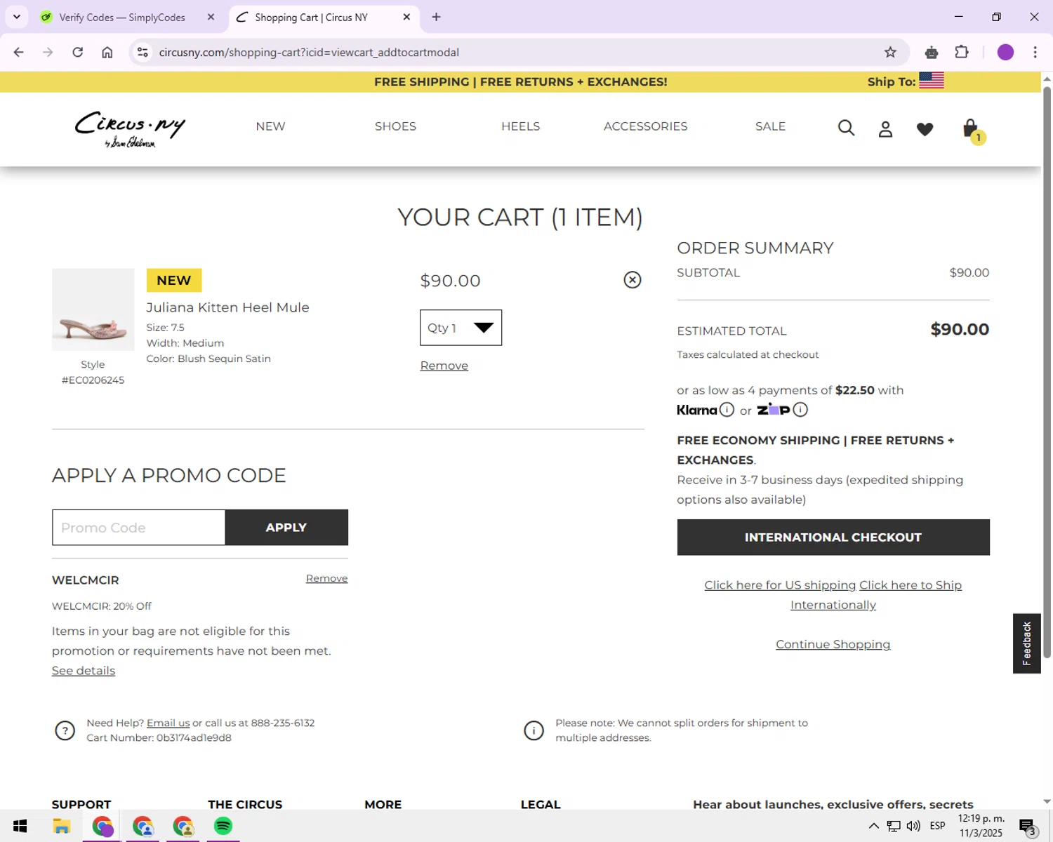 Circus NY promo code screenshot showing code WELCMCIRBSICKCPE applied at Circus NY checkout page. Uploaded by SimplyCodes community member explorerr_exe on Mar 11, 2025