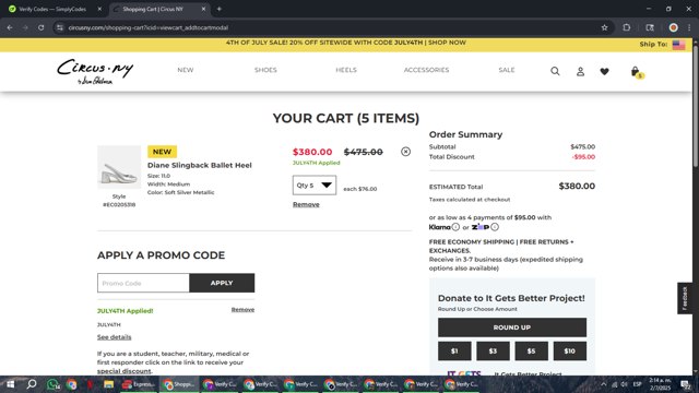 Circus NY checkout page showing Circus NY promo code box | Screenshot taken by SimplyCodes community member on Jul 2, 2025