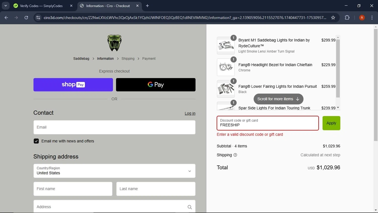 Ciro 3d discount code screenshot showing code FREESHIP applied at Ciro 3d checkout page. Uploaded by SimplyCodes community member CoinPro7401 on Feb 25, 2025