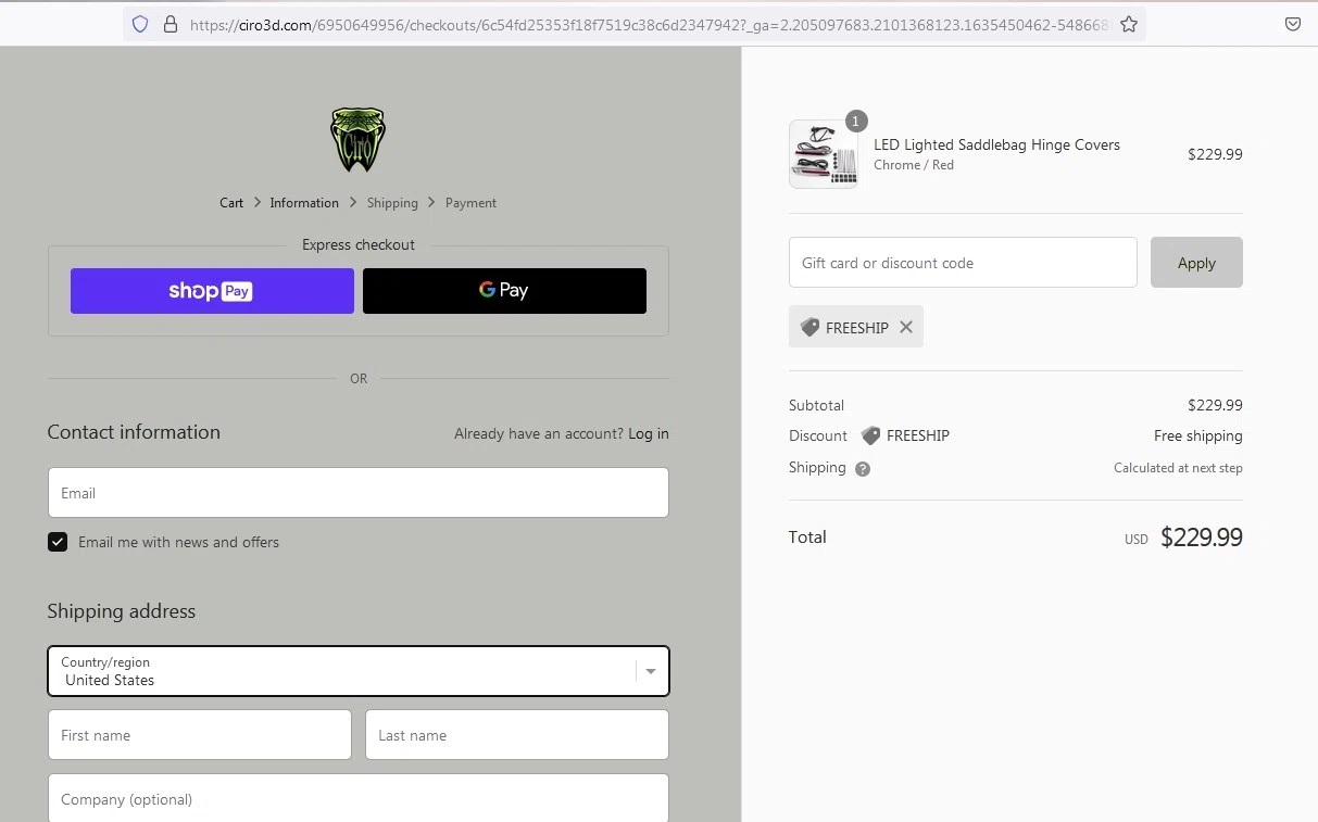 Ciro 3d checkout page showing Ciro 3d discount code box | Screenshot taken by SimplyCodes community member on Oct 28, 2021