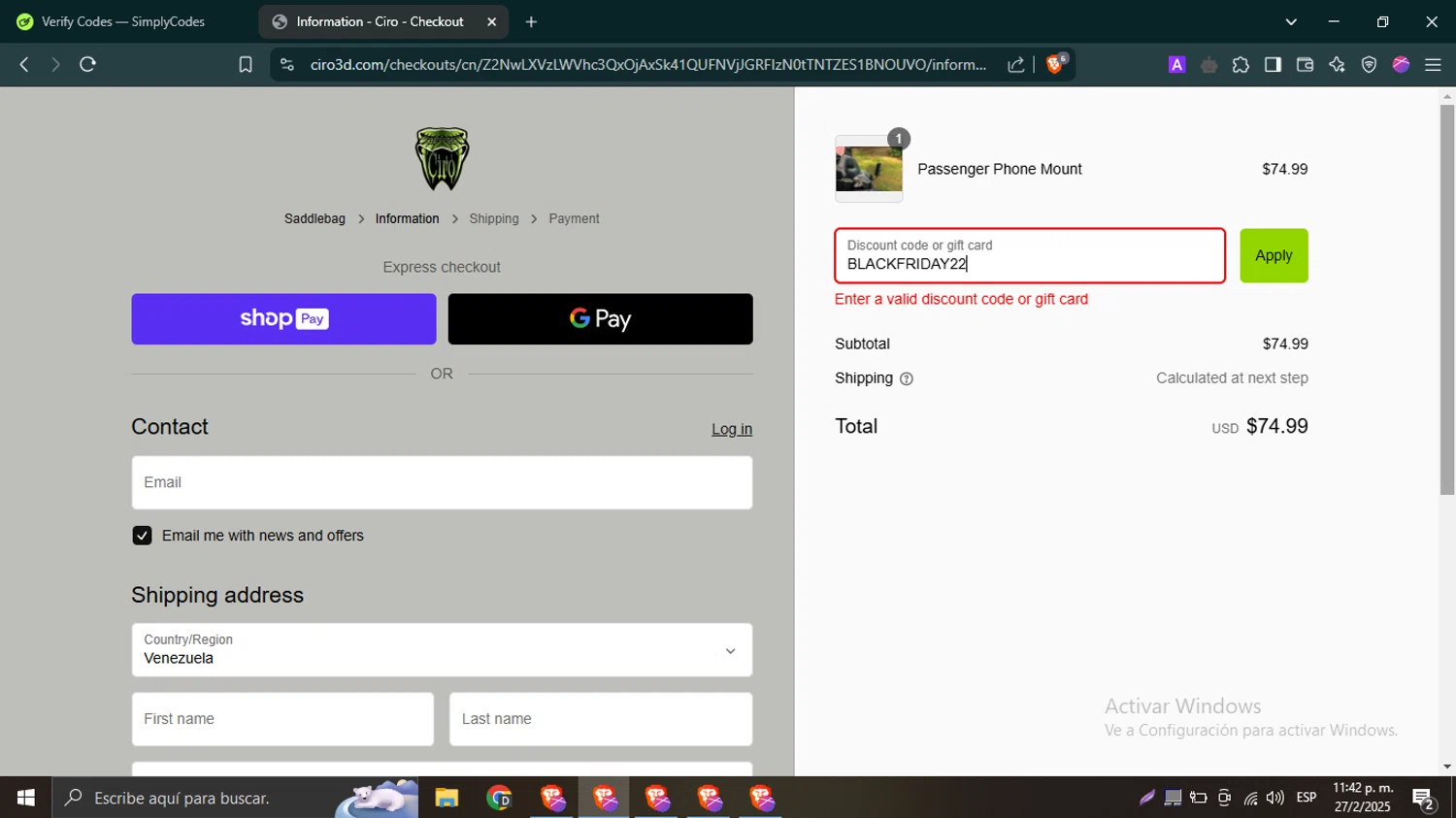 Ciro 3d discount code screenshot showing code BLACKFRIDAY22 applied at Ciro 3d checkout page. Uploaded by SimplyCodes community member PrimeWhiz4850 on Feb 28, 2025