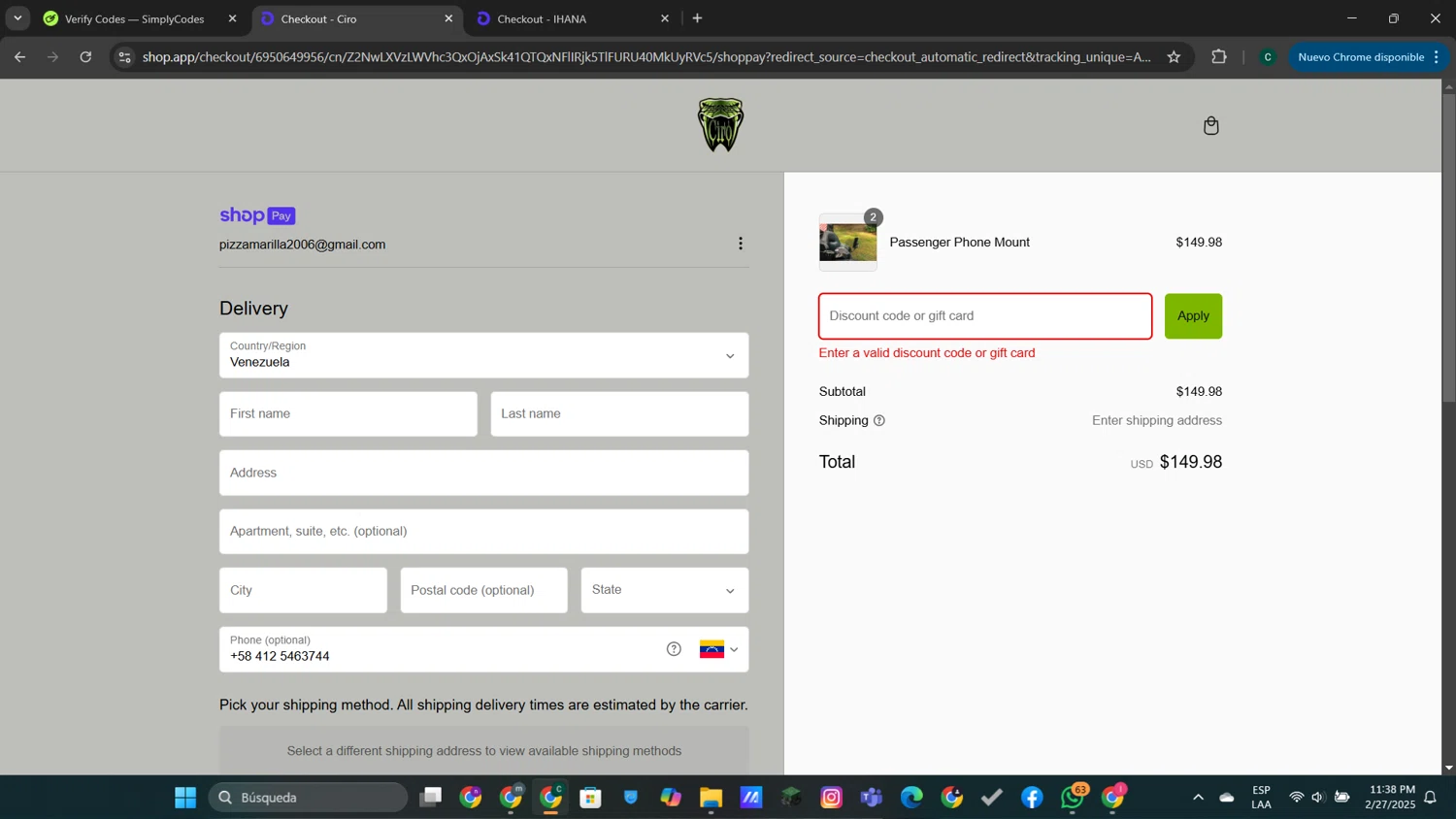 Ciro 3d discount code screenshot showing code BLACKFRIDAY22 applied at Ciro 3d checkout page. Uploaded by SimplyCodes community member neygoot on Feb 28, 2025