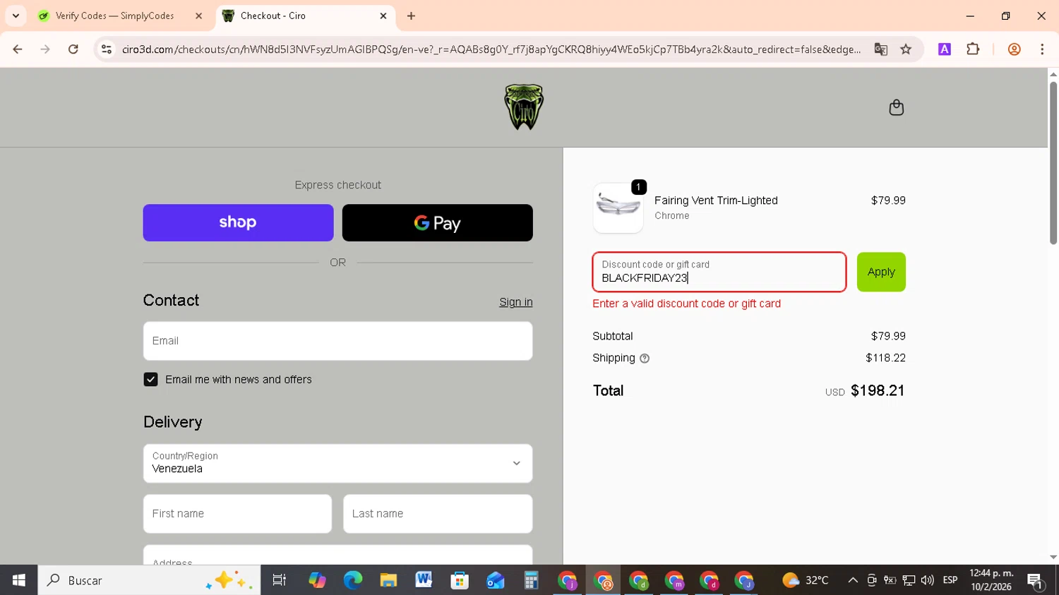 Ciro 3d discount code screenshot showing code BLACKFRIDAY23 applied at Ciro 3d checkout page. Uploaded by SimplyCodes community member RebateCollector5909 on Feb 10, 2026