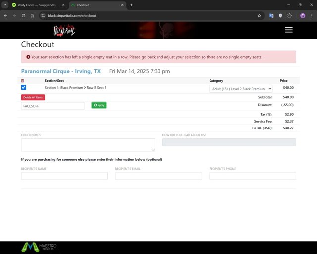 Cirque Italia checkout page showing Cirque Italia promo code box | Screenshot taken by SimplyCodes community member on Mar 5, 2025