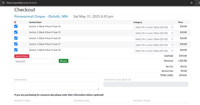 Cirque Italia checkout page showing Cirque Italia promo code box | Screenshot taken by SimplyCodes community member on May 31, 2025