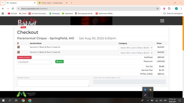 Cirque Italia checkout page showing Cirque Italia promo code box | Screenshot taken by SimplyCodes community member on Aug 30, 2025