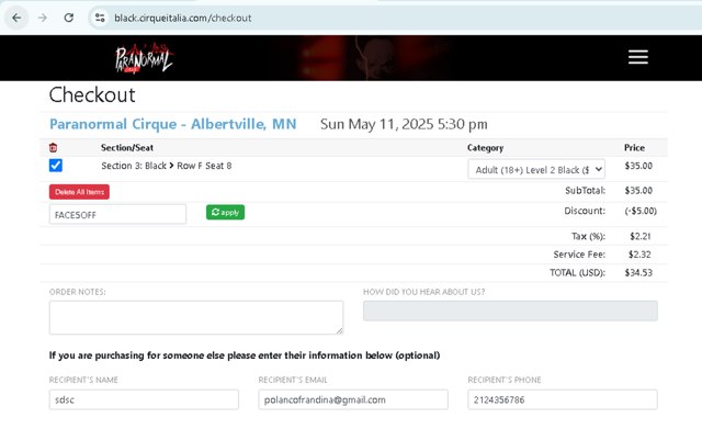 Cirque Italia checkout page showing Cirque Italia promo code box | Screenshot taken by SimplyCodes community member on May 2, 2025