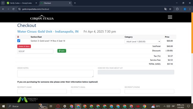Cirque Italia checkout page showing Cirque Italia promo code box | Screenshot taken by SimplyCodes community member on Mar 3, 2025