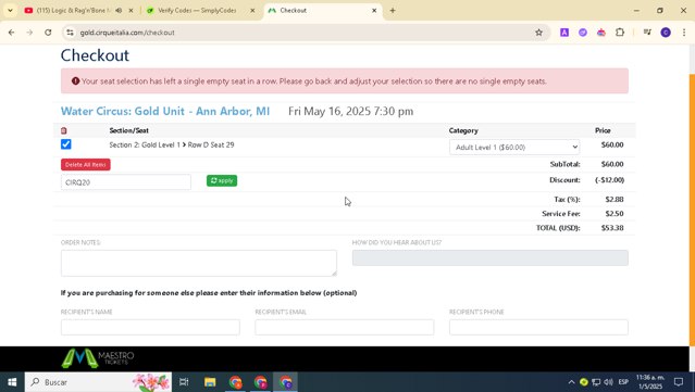 Cirque Italia checkout page showing Cirque Italia promo code box | Screenshot taken by SimplyCodes community member on May 1, 2025