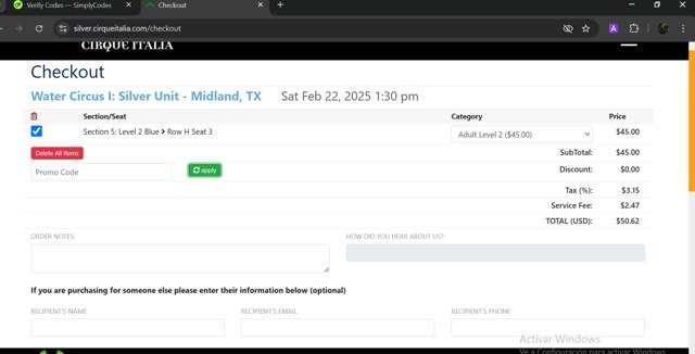 Cirque Italia checkout page showing Cirque Italia promo code box | Screenshot taken by SimplyCodes community member on Feb 22, 2025