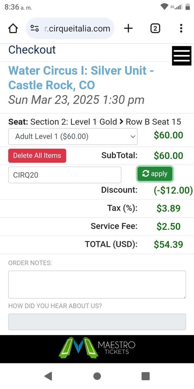 Cirque Italia checkout page showing Cirque Italia promo code box | Screenshot taken by SimplyCodes community member on Mar 23, 2025