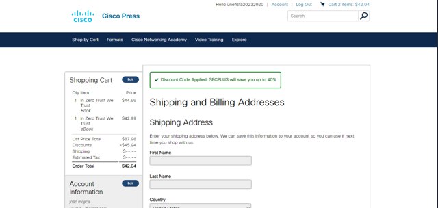 Cisco Press checkout page showing Cisco Press discount code box | Screenshot taken by SimplyCodes community member on Jan 31, 2025