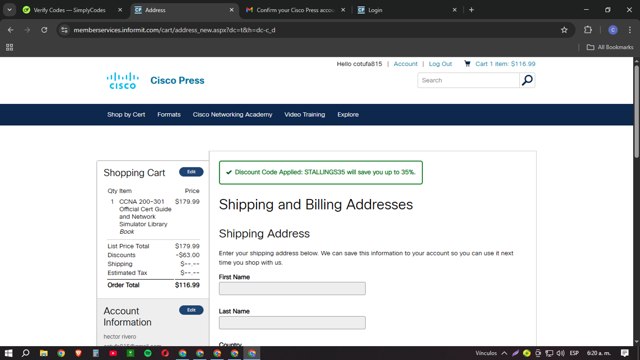 Cisco Press checkout page showing Cisco Press discount code box | Screenshot taken by SimplyCodes community member on Mar 7, 2025