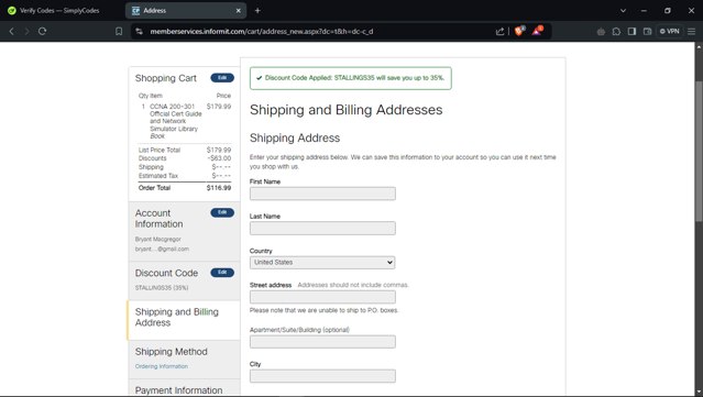Cisco Press checkout page showing Cisco Press discount code box | Screenshot taken by SimplyCodes community member on Feb 6, 2025