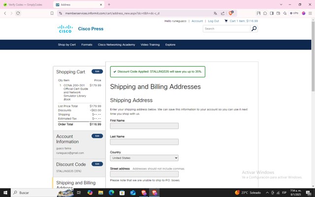Cisco Press checkout page showing Cisco Press discount code box | Screenshot taken by SimplyCodes community member on Jan 8, 2025